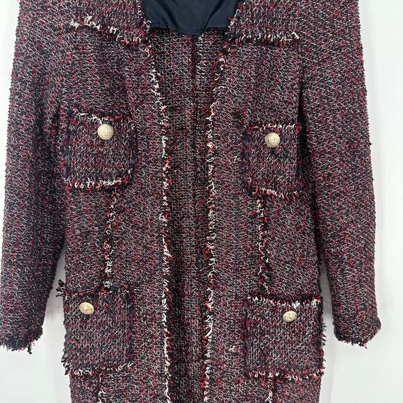 ZARA Long Tweed Jacket Open Front Fringe Trim Military Style Coat Blogger Fav - Picture 5 of 11